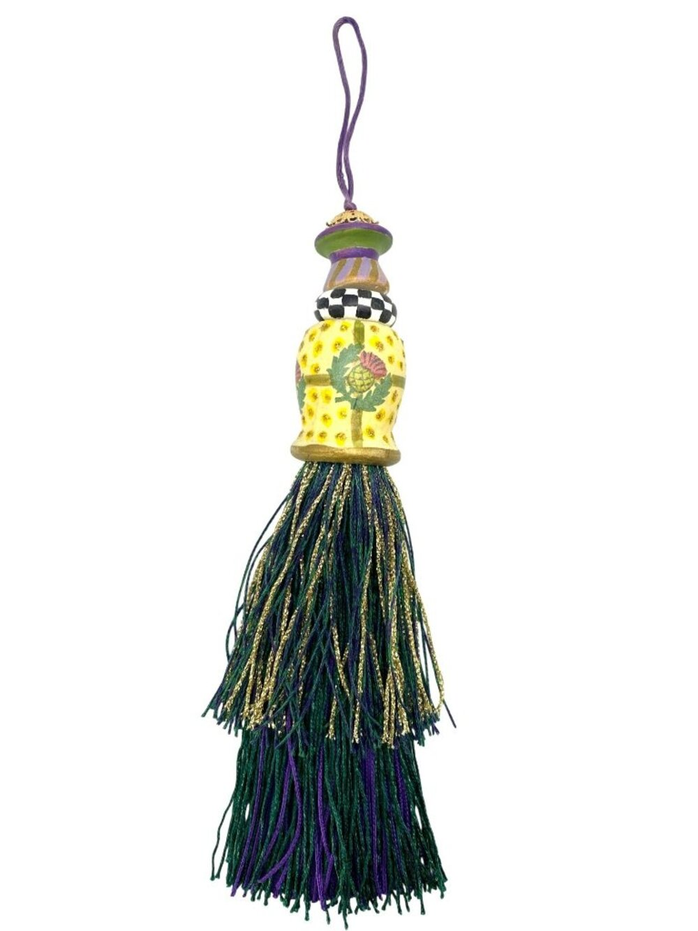 Vintage MacKenzie Childs 8 1/2" Tassel Purple Green Gold Thistle Wood RARE!